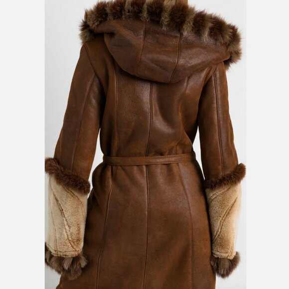 Genuine Suede Sheepskin Shearling Fur Coat Long Hood Vintage Penny Lane Princess - Picture 4 of 9